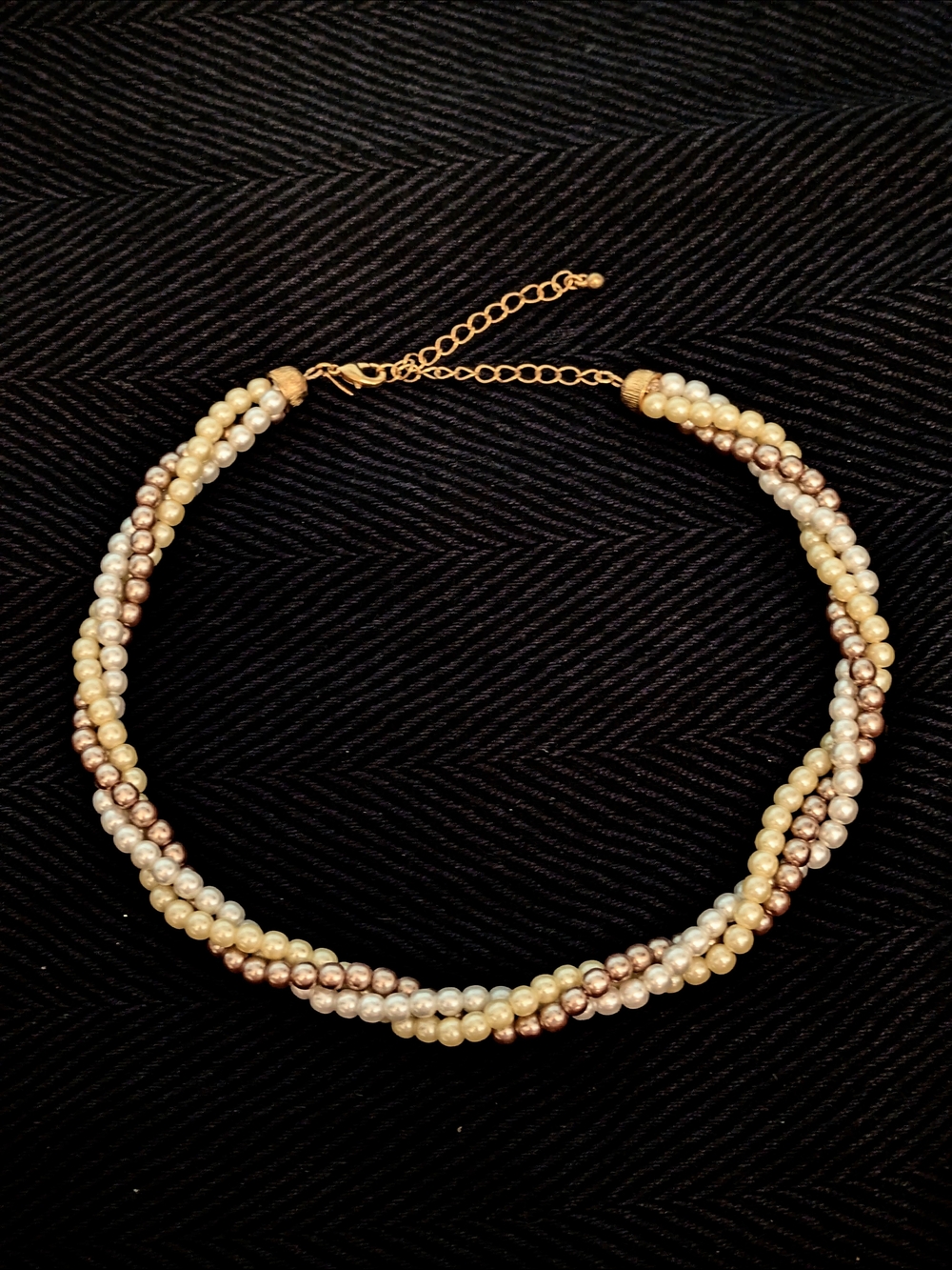 Vintage Avon Signed Tri-Color 3-Strand Twisted Faux Pearl Necklace